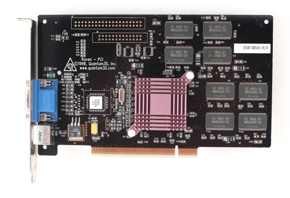 Representative Quantum3D Raven Voodoo Banshee PCI 16 MB board physical card, photographed from the front