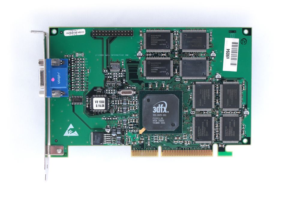 Representative 3dfx Voodoo3 1000 AGP 16 MB board physical card, photographed from the front