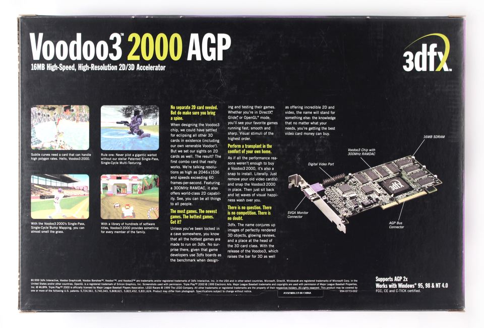 Box rear in the museum gallery for 3dfx Voodoo 3 2000 AGP