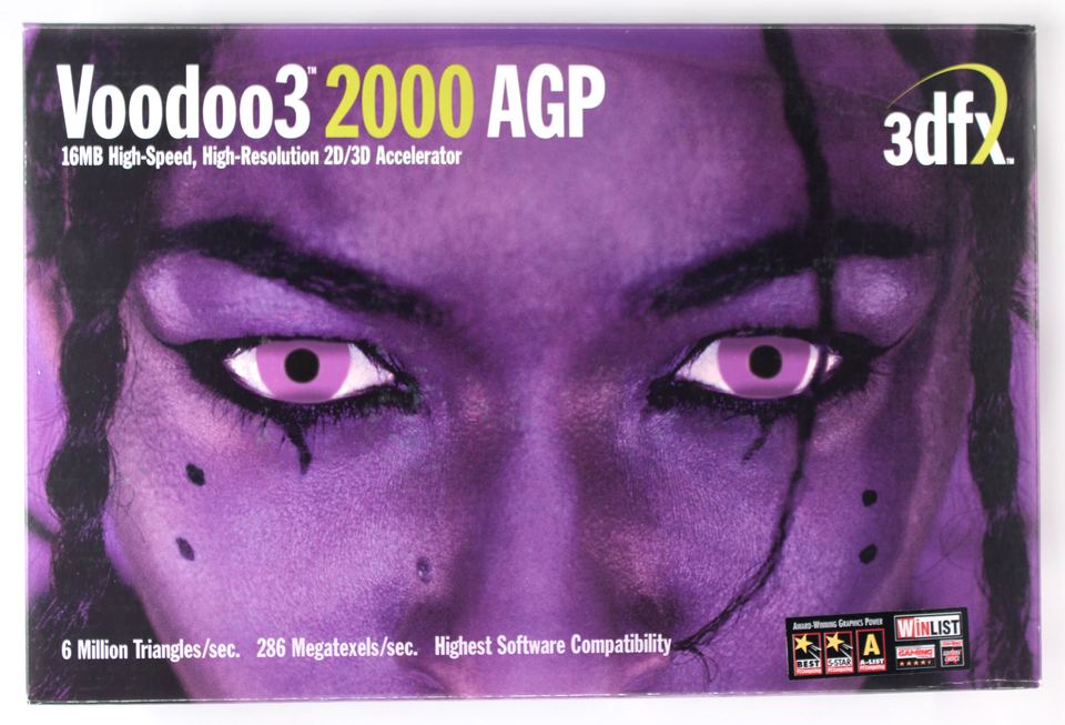 Representative 3dfx Voodoo 3 2000 AGP packaging physical card, photographed from the front