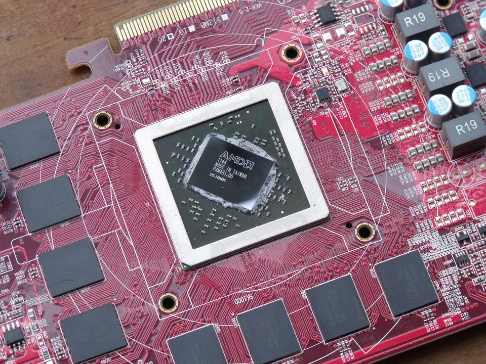 Representative AMD Radeon HD 6850 GPU on exposed graphics board physical card, photographed from the front