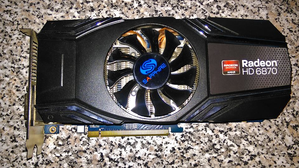 Front of a Sapphire AMD Radeon HD 6870 PCIe graphics card showing the model number