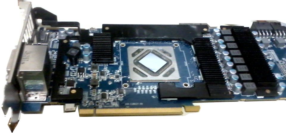 Representative Sapphire Radeon HD 7970 board with cooler removed physical card, photographed from the front