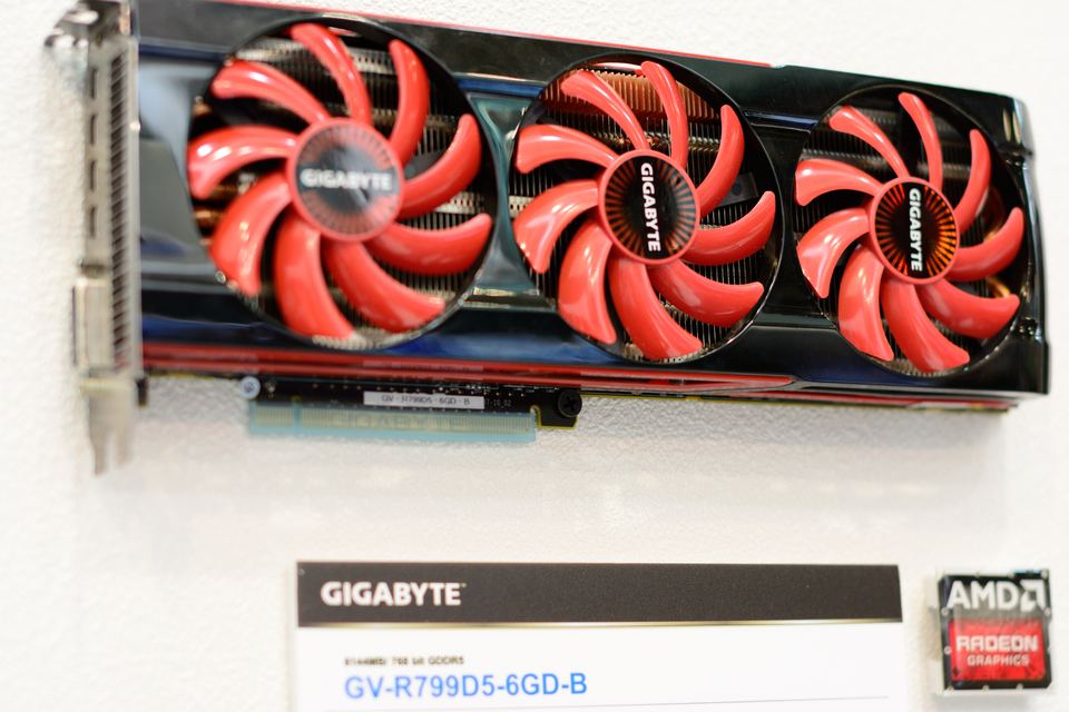 Representative Gigabyte Radeon HD 7990 6 GB exhibition board physical card, photographed from the front