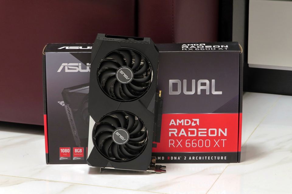 Representative ASUS Radeon RX 6600 XT Dual board physical card, photographed from the front