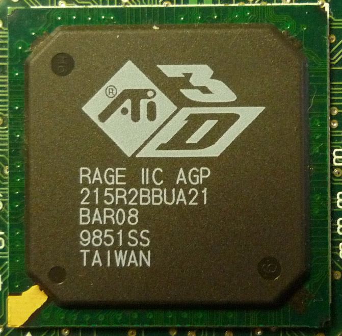 Representative ATI Rage IIC AGP chip physical card, photographed from the front