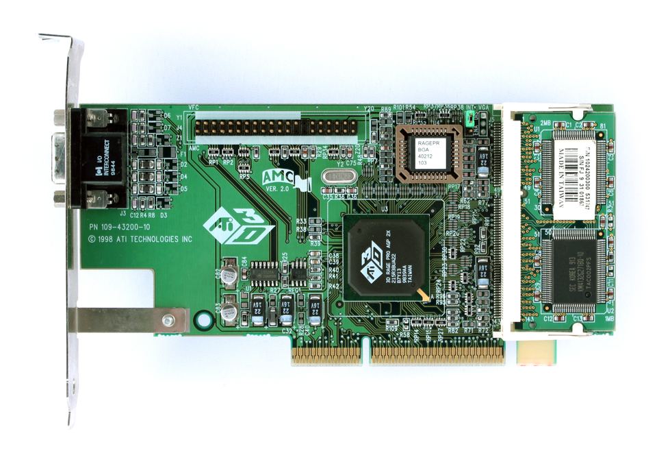Front of an ATI 3D Rage Pro AGP 2x board with a memory module