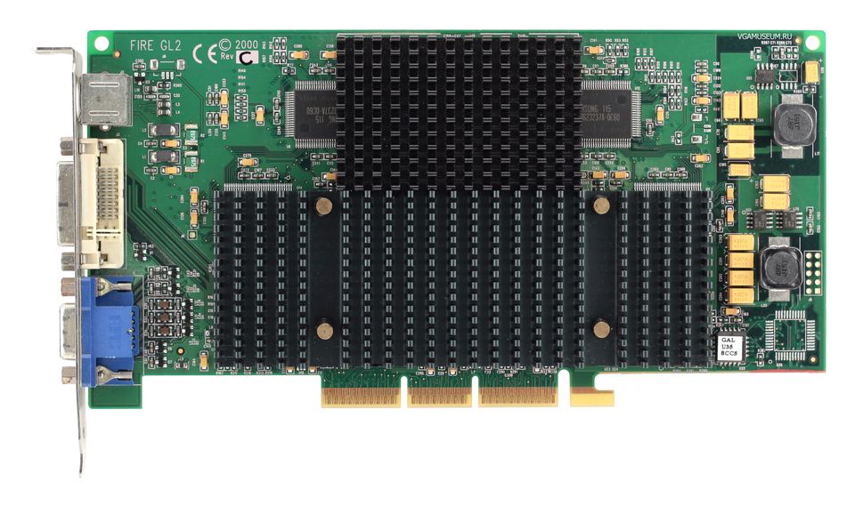 Representative ATI Fire GL2 AGP board with IBM RC1000 and GT1000 chips physical card, photographed from the front