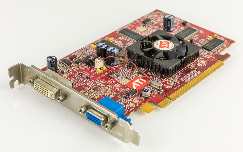 Representative ATI FireGL V3100 PCIe workstation board physical card, photographed from the front