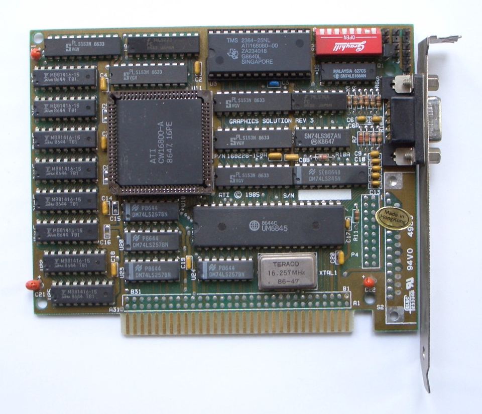 Front of an ATI Graphics Solution Rev 3 board with model name printed on the circuit board