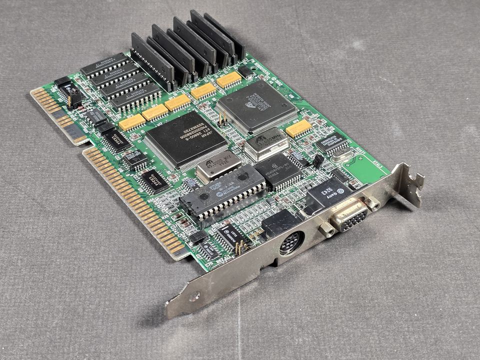 Angled front of an ATI Graphics Ultra ISA graphics card with ATI Mach8 chip