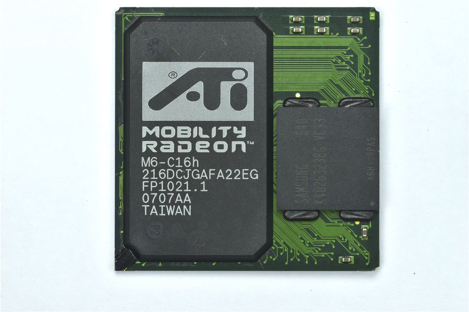 Representative ATI Mobility Radeon 7000 M6 chip module physical card, photographed from the front