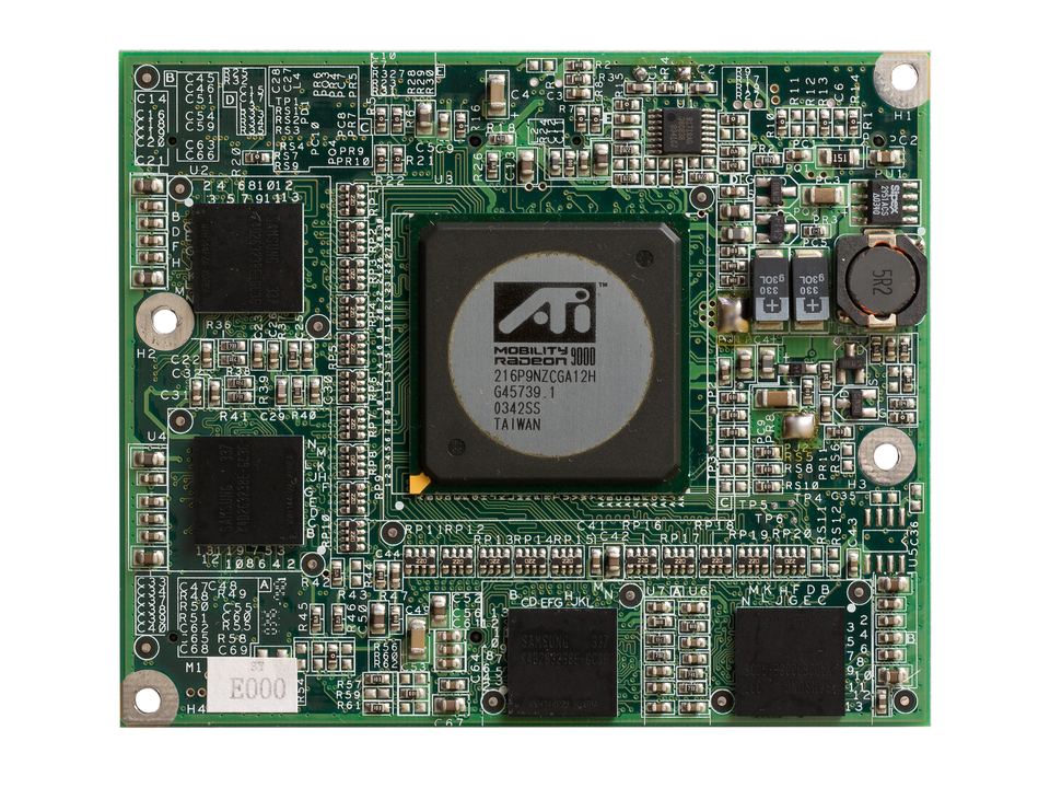 Representative ATI Mobility Radeon 9000 laptop graphics module physical card, photographed from the front