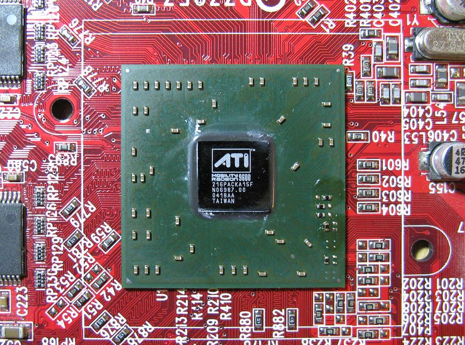 Representative ATI Mobility Radeon 9600 GPU chip physical card, photographed from the front