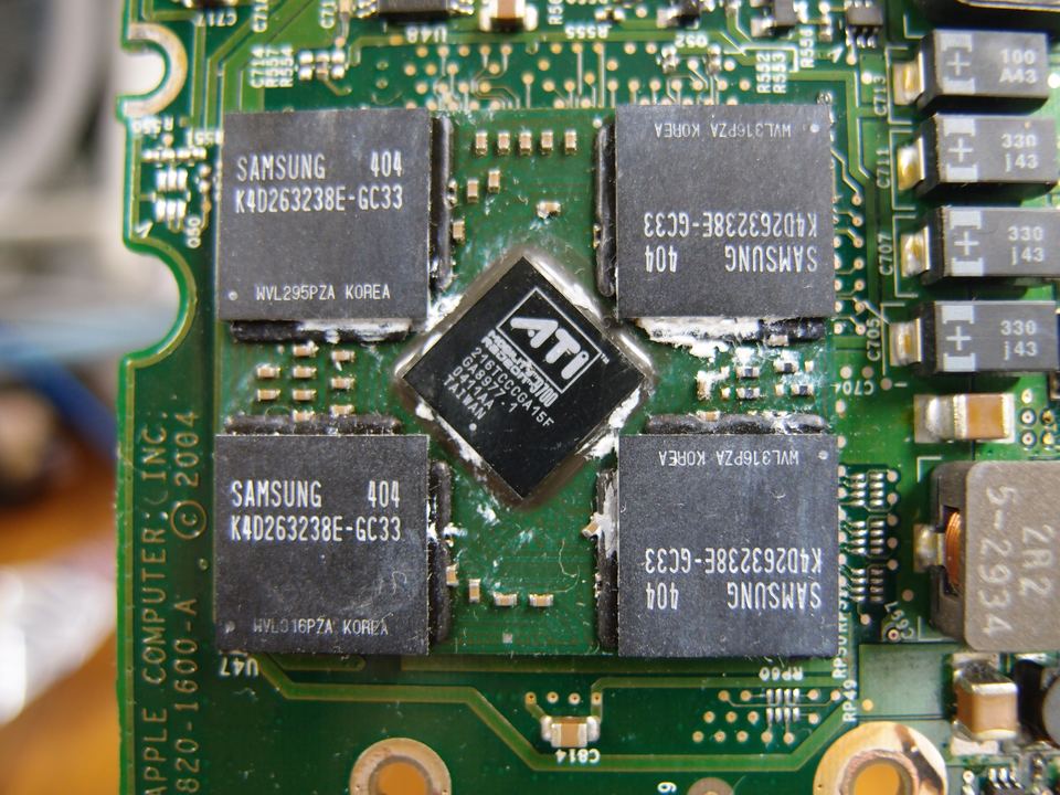 Representative ATI Mobility Radeon 9700 GPU from a PowerBook G4 physical card, photographed from the front
