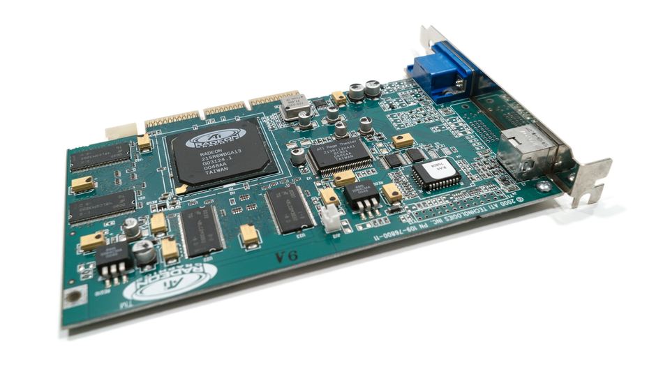 Representative ATI Radeon 7200 AGP board physical card, photographed from the front