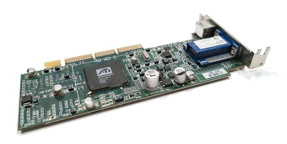 Representative ATI Radeon 7500 low-profile AGP board physical card, photographed from the front