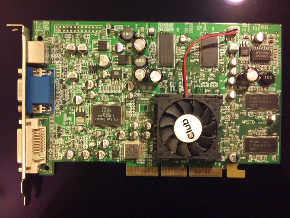 Representative Club 3D ATI Radeon 8500 128 MB AGP board physical card, photographed from the front