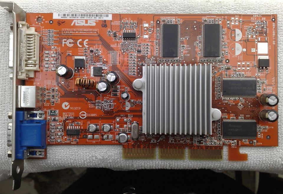 Representative ASUS A9250GE Radeon 9250 board physical card, photographed from the front