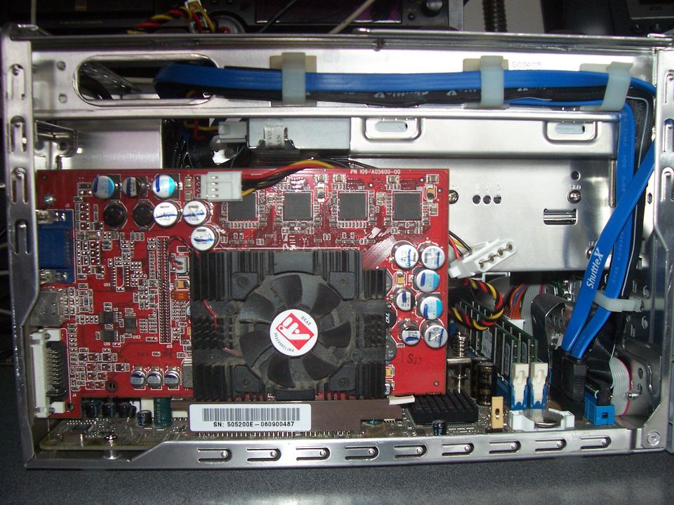 Representative ATI Radeon 9500 Pro 128 MB board installed in a Shuttle XPC physical card, photographed from the front