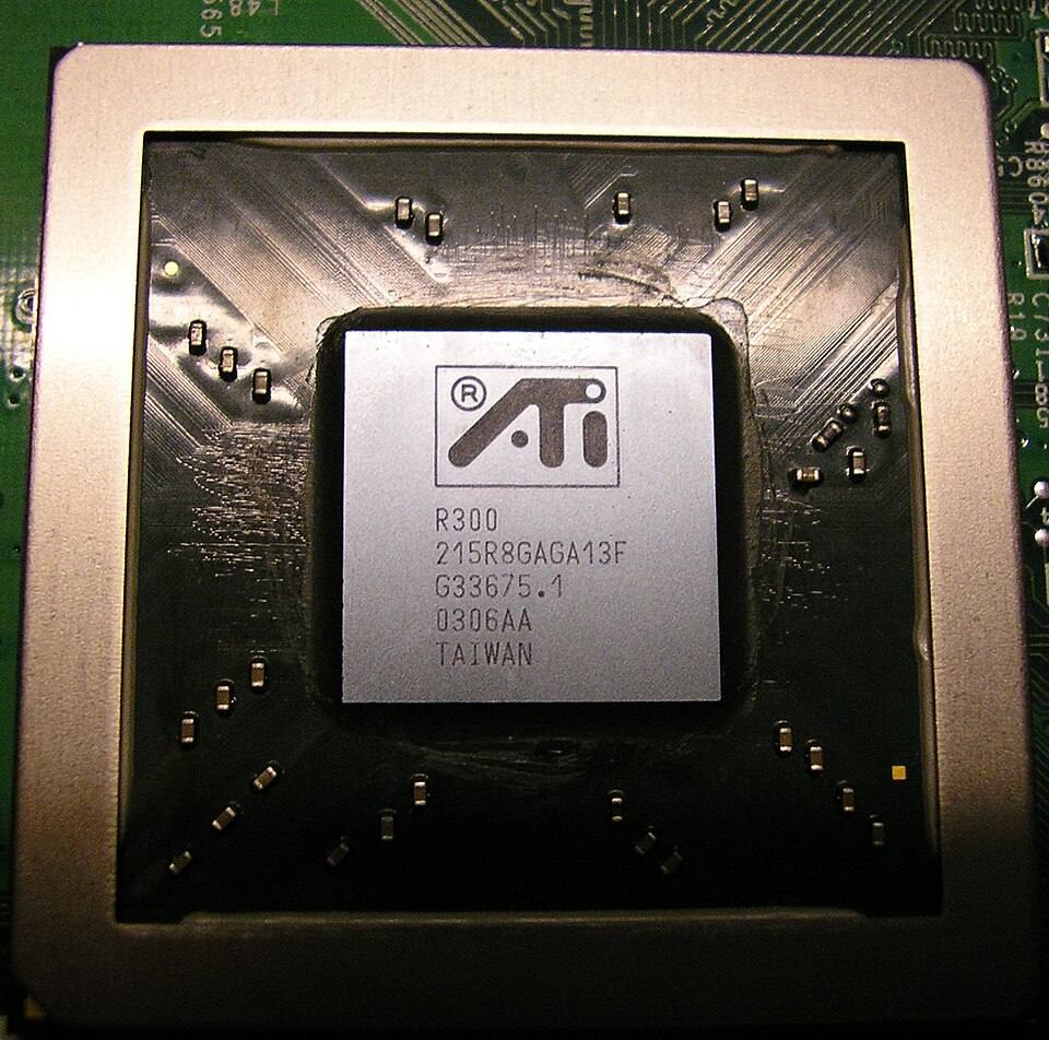 Representative Medion Radeon 9600 TX R300 GPU package physical card, photographed from the front