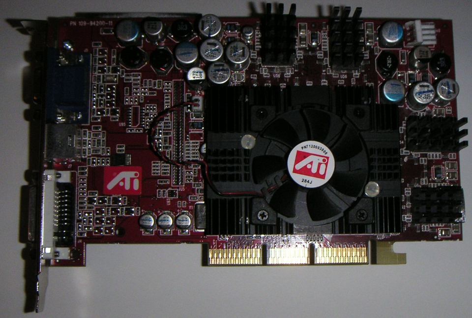 Representative ATI Radeon 9700 Pro AGP board with added heatsinks physical card, photographed from the front