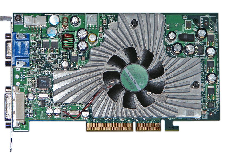 Representative Medion ATI Radeon 9800 XXL AGP board physical card, photographed from the front