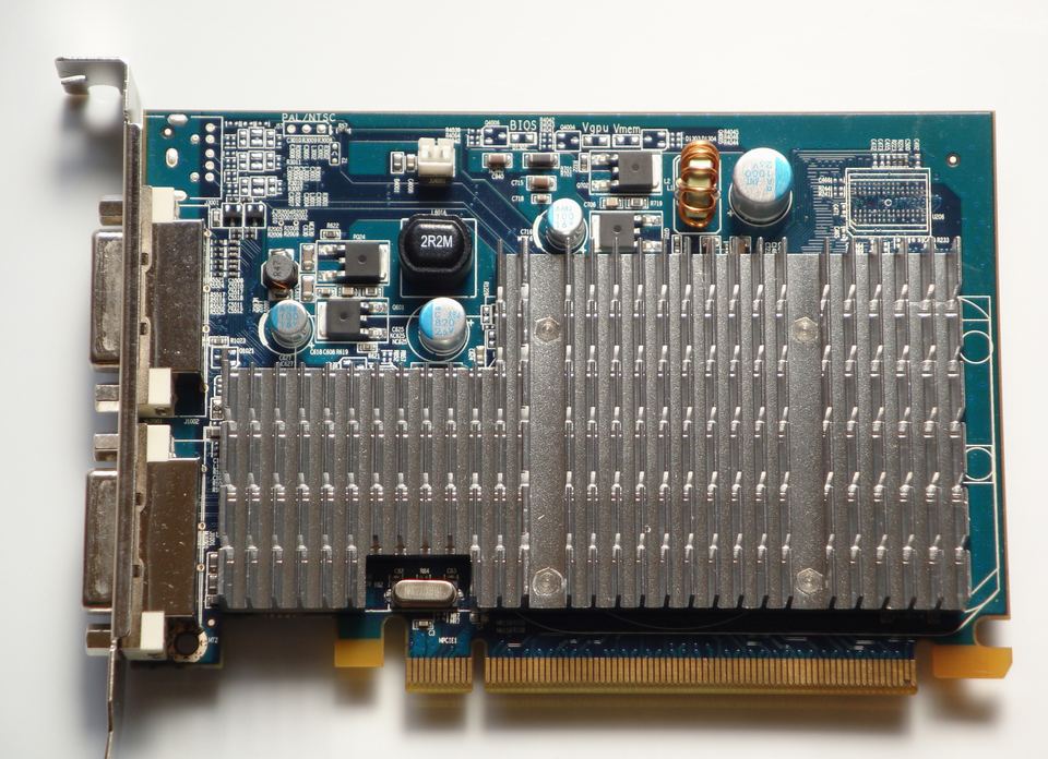 Front of a Radeon HD 3450 dual-DVI PCIe board