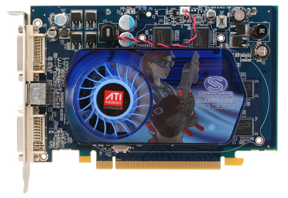 Representative Sapphire Radeon HD 3650 PCIe board with DDR2 memory physical card, photographed from the front
