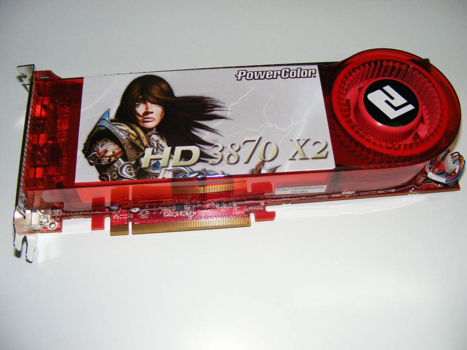 Representative PowerColor Radeon HD 3870 X2 PCIe board physical card, photographed from the front