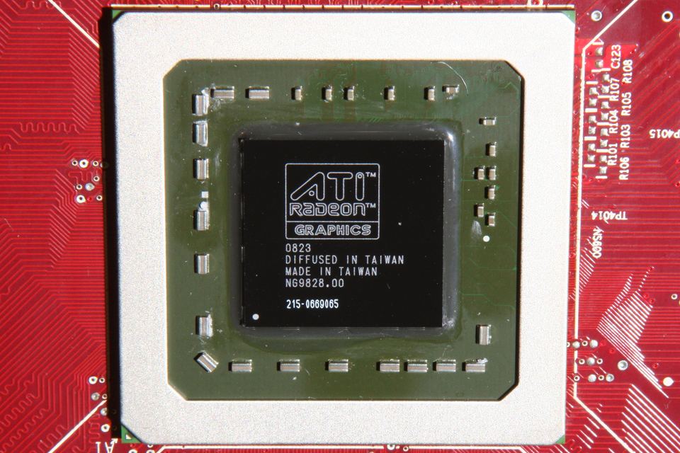 Representative ATI Radeon HD 4850 RV770 GPU package physical card, photographed from the front