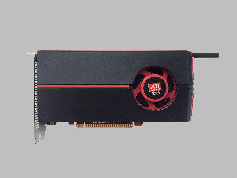 Front of an ATI Radeon HD 5770 PCIe card with a black and red blower shroud