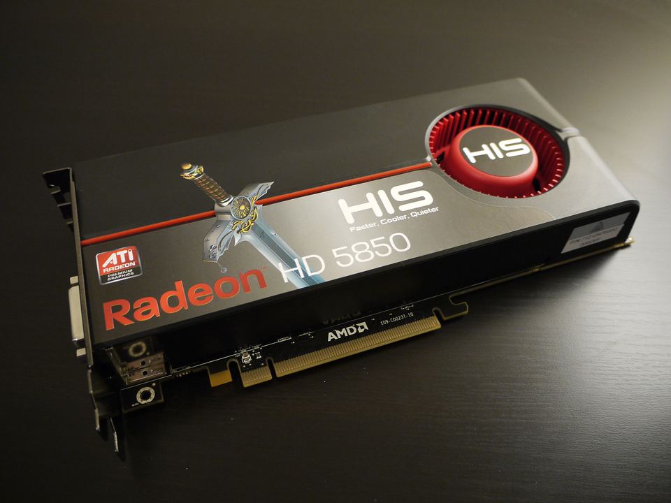 Front of HIS Radeon HD 5850 board with model printed on its cooler and a PCIe connector