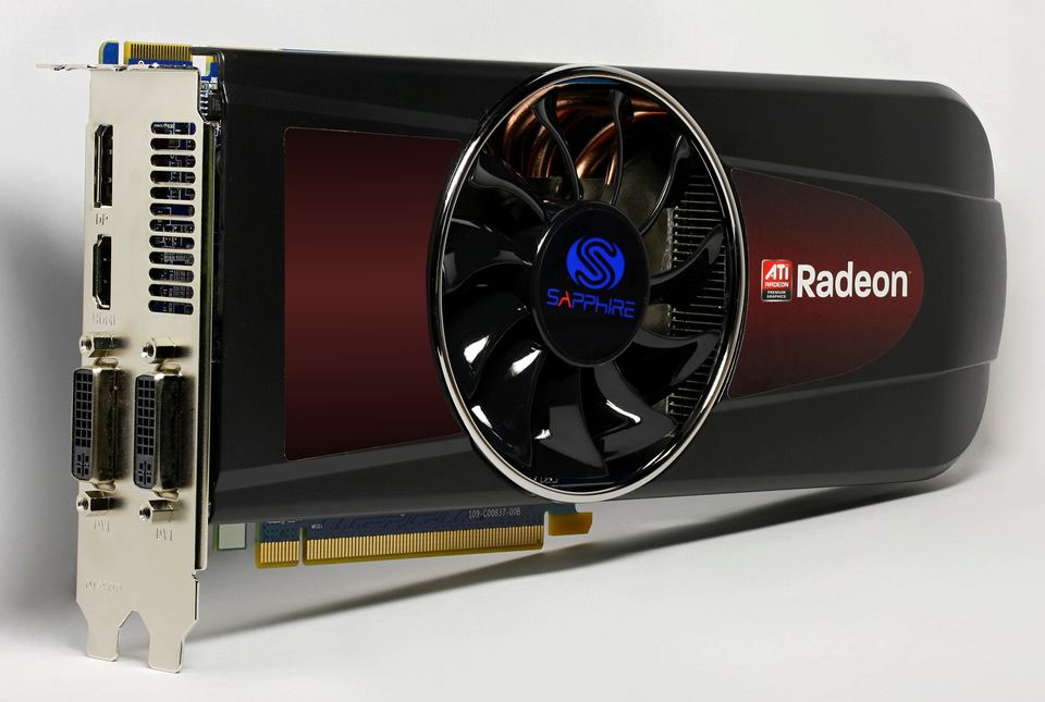 Representative Sapphire Radeon HD 5870 PCIe board physical card, photographed from the front