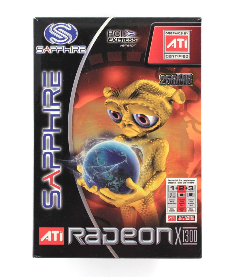 Generic packaging in the museum gallery for ATI Radeon X1300 board; no model name is visible on its face