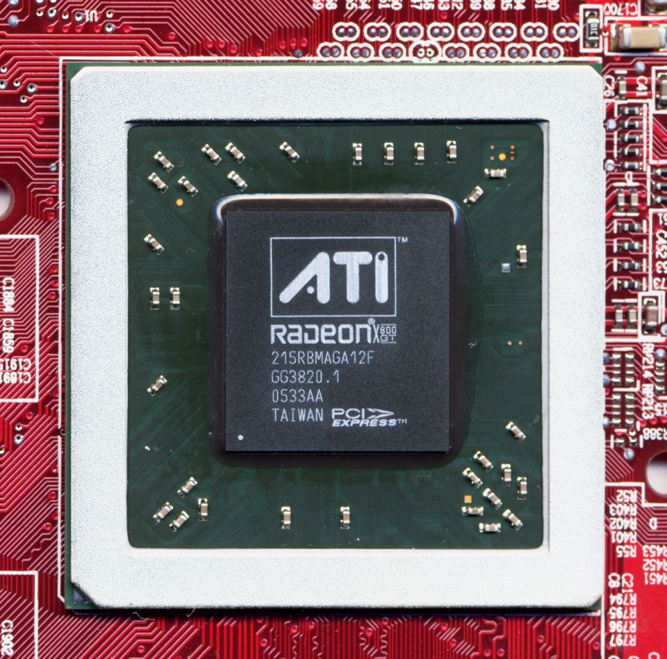 Close-up of an ATI Radeon X800 GT processor on a Sapphire board