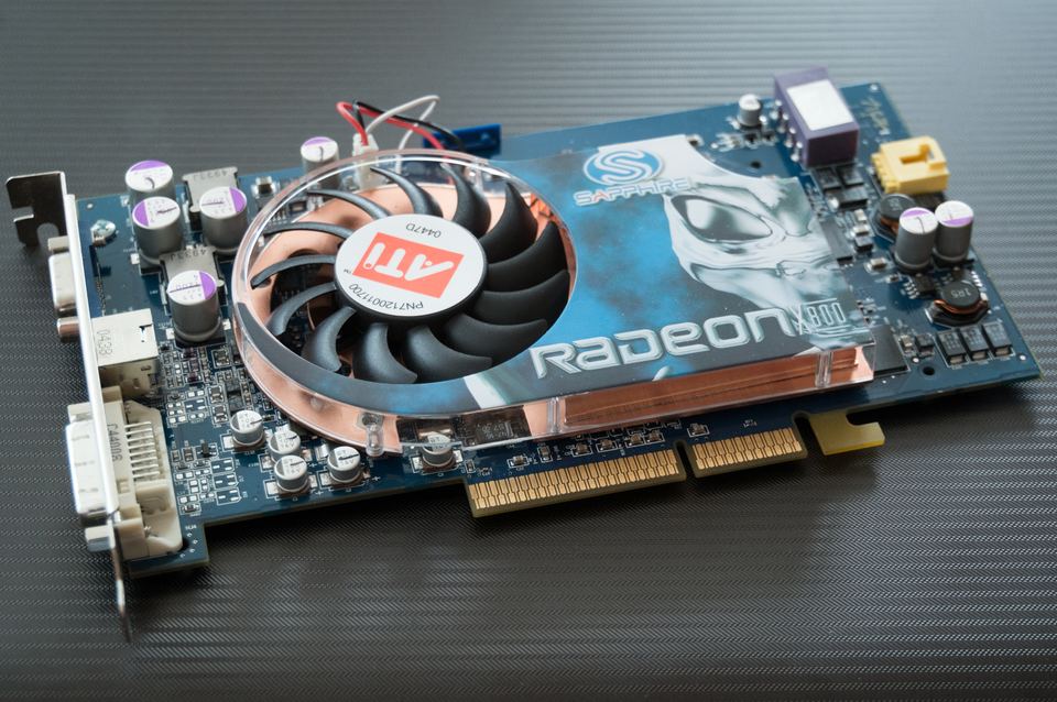 Representative Sapphire Radeon X800 PRO AGP board with exposed R420 GPU physical card, photographed from the front