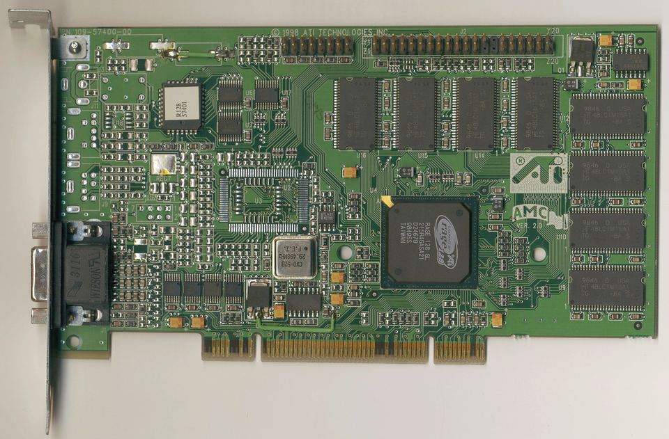 Representative ATI Rage 128 GL PCI 16 MB graphics board physical card, photographed from the front