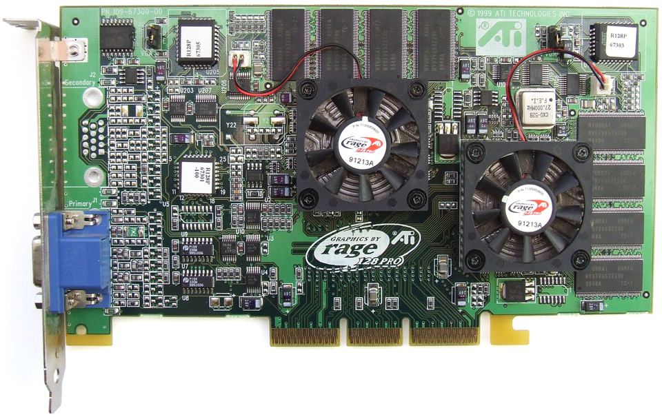 Representative ATI Rage Fury MAXX dual-GPU AGP board physical card, photographed from the front