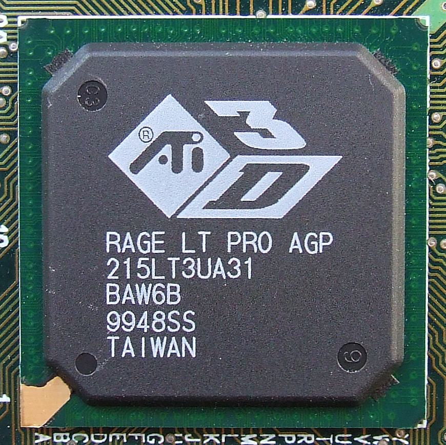 Representative ATI Rage LT PRO AGP GPU chip physical card, photographed from the front