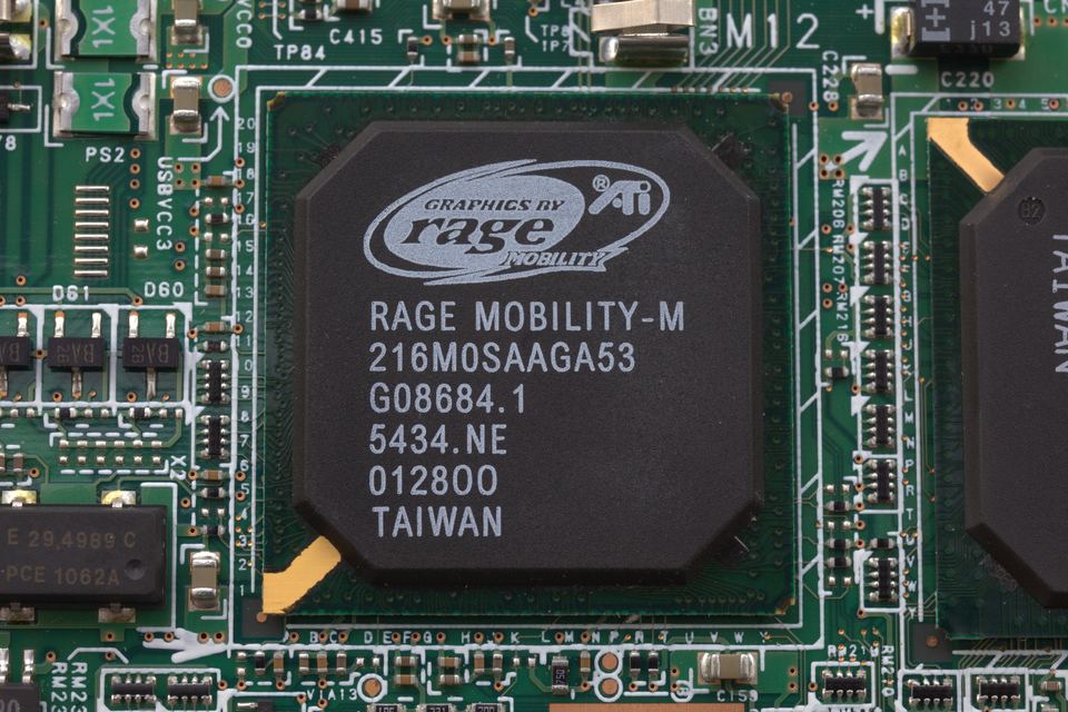 Representative ATI Rage Mobility-M chip in a Fujitsu Lifebook physical card, photographed from the front