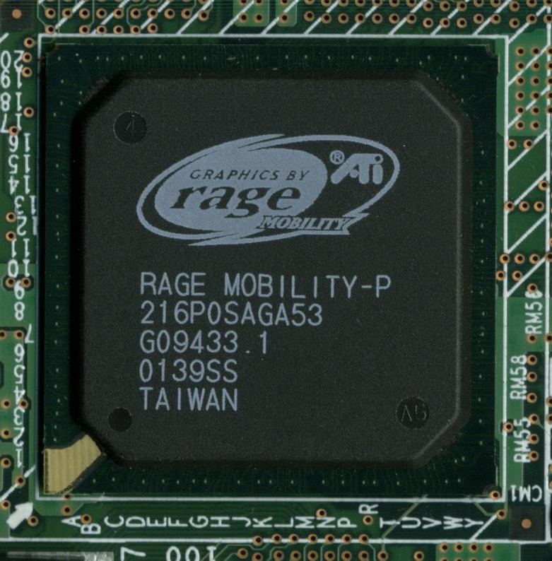 Representative ATI Rage Mobility-P GPU chip physical card, photographed from the front