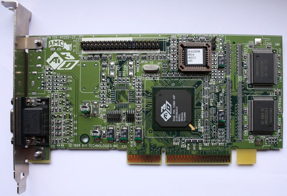 Front of an ATI Rage PRO Turbo AGP card showing chip marking and AGP connector