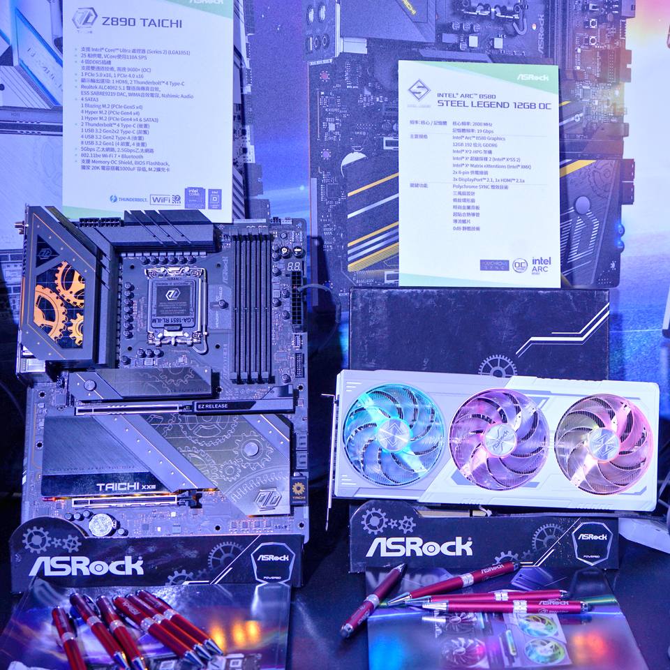 Representative ASRock Arc B580 Steel Legend 12 GB sample board physical card, photographed from the front