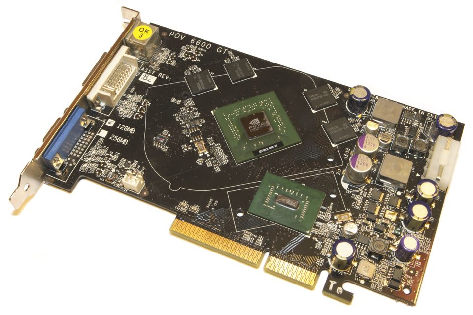 Representative GeForce 6600 GT AGP board with exposed GPU physical card, photographed from the front