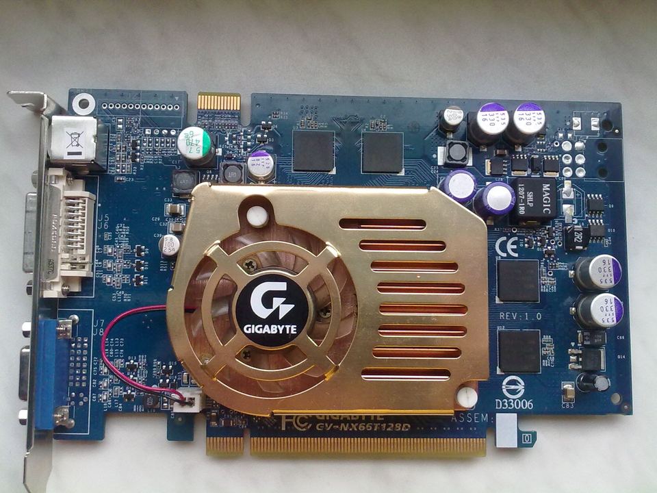 Representative Gigabyte GV-NX66T128D GeForce 6600 GT PCIe board physical card, photographed from the front