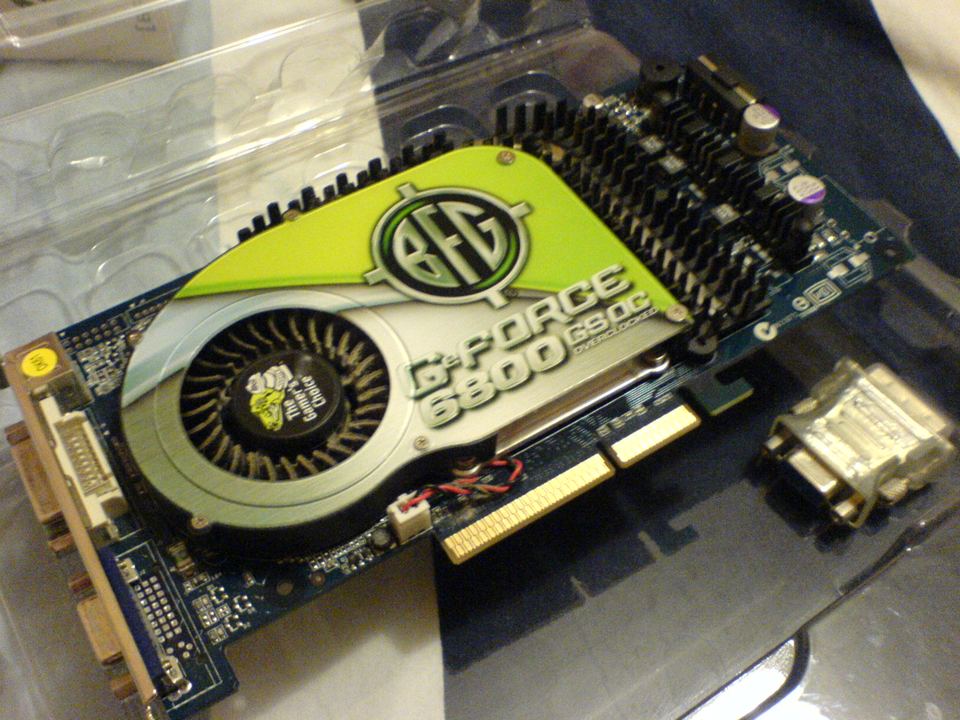Representative BFG GeForce 6800 GS OC AGP board physical card, photographed from the front
