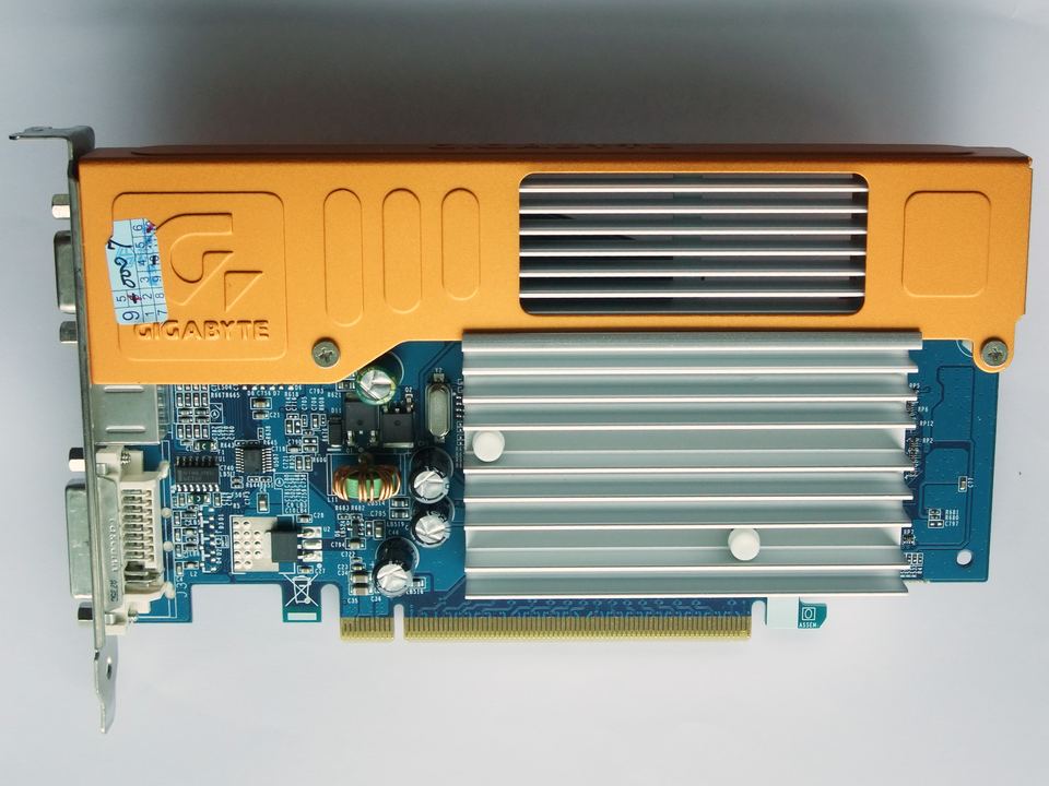 Representative Gigabyte GeForce 7300 GS PCIe partner board physical card, photographed from the front