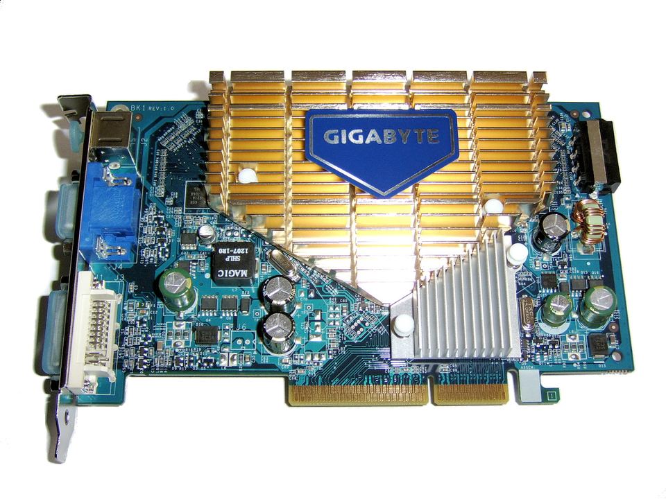 Representative Gigabyte GeForce 7600 GS AGP 8x board physical card, photographed from the front