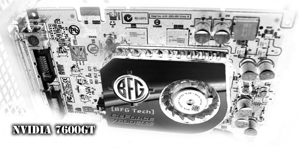 Front of a BFG Tech GeForce 7600 GT OC board with its cooler and PCIe connector visible